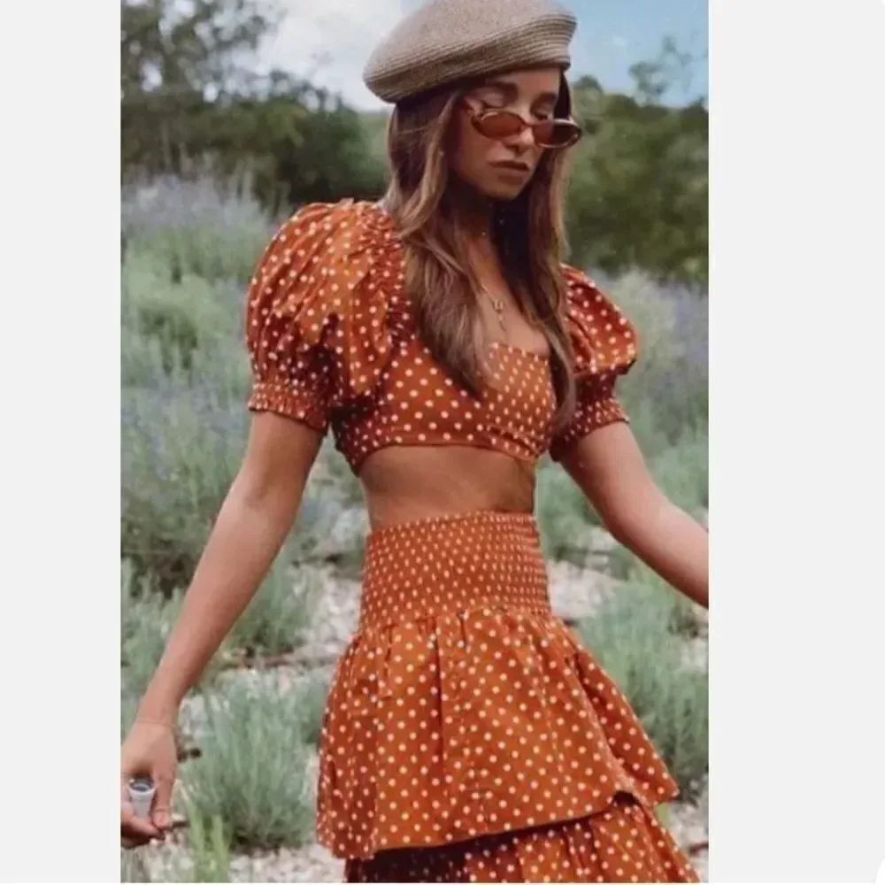 We Wore What Coco Top Brown Polka Dot Puff Sleeves Bandeau Cropped size small